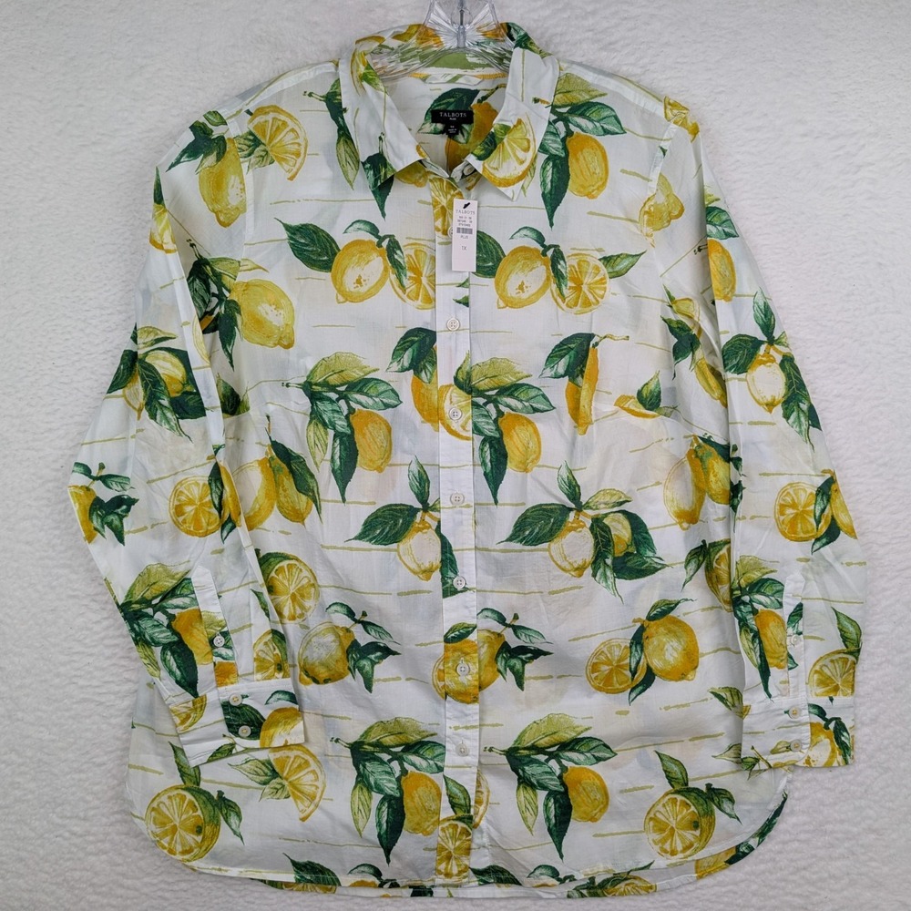 NWT Talbots Plus Modern Classic Button Up Shirt Size 1X Luscious Lemons Cotton